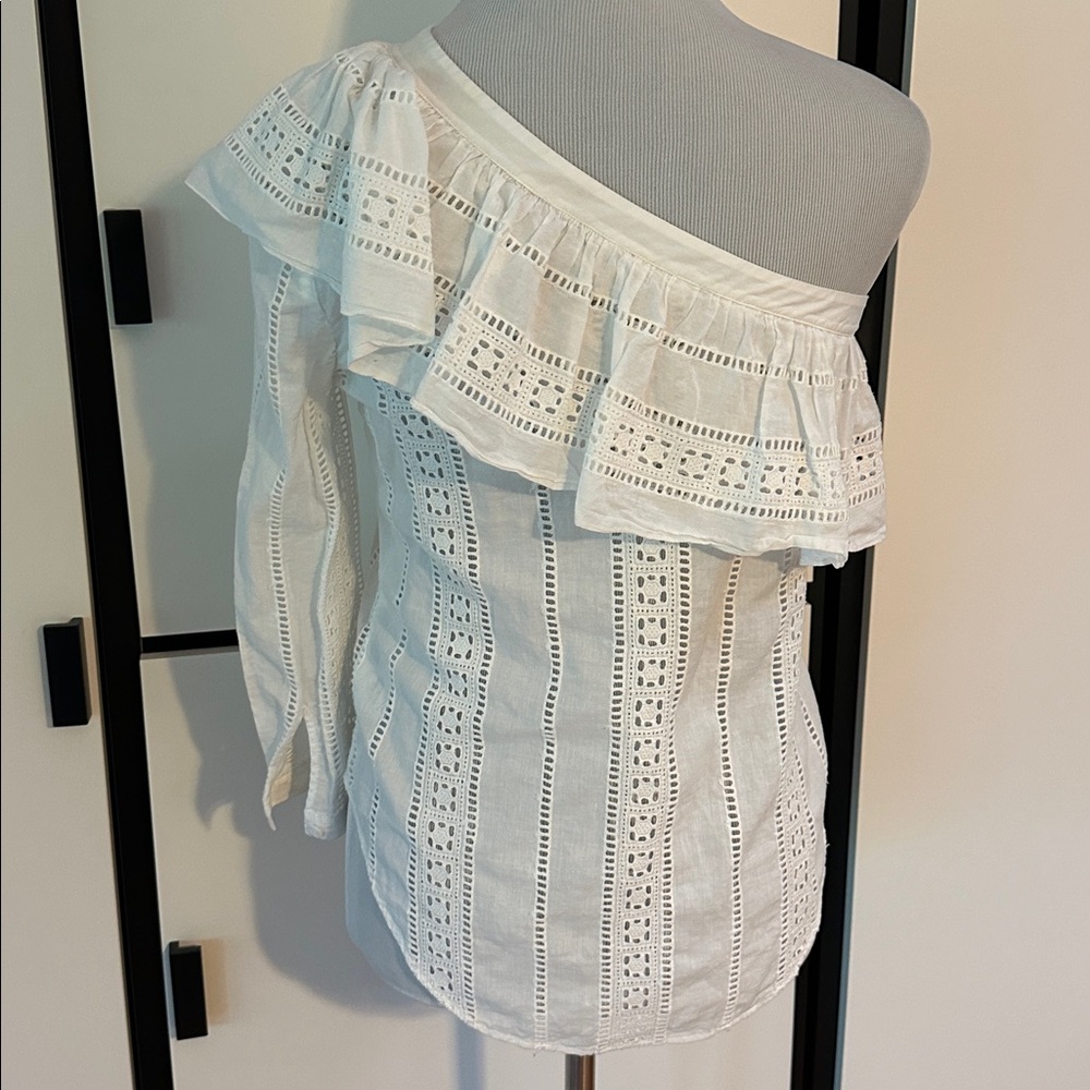 Veronica Beard Cruz Eyelet One Shoulder Top Ruffle White Blouse - Picture 4 of 10